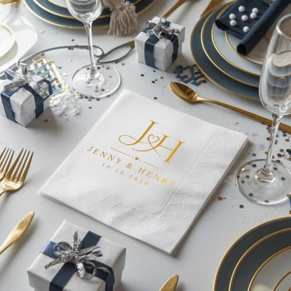 Personalized Wedding Cocktail Napkins - Style 5, Floral Wreath Design, 50 Pack