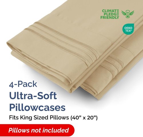 King Pillow Cases Set of 4 - Ultra Soft Hotel Quality - Wrinkle Free & Fade Resistant - Beige
