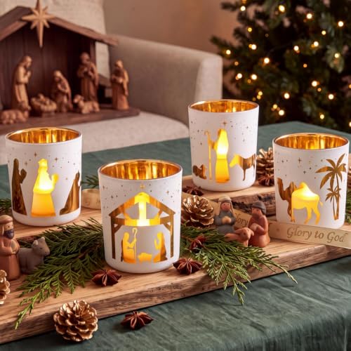 Christmas Nativity Scene Candle Holders Set - Frosted Glass Votive Holders, Religious Decor