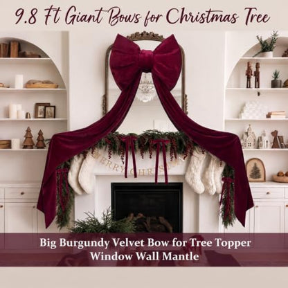 Burgundy Velvet Bow Christmas Tree Topper Set with 12 Small Bows - 8.2ft Large