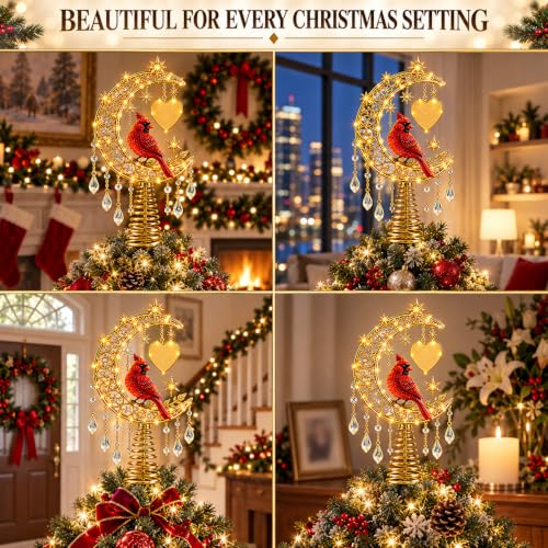 Lighted Angel Christmas Tree Topper - Cardinal Design with Warm Glow & Snowflakes