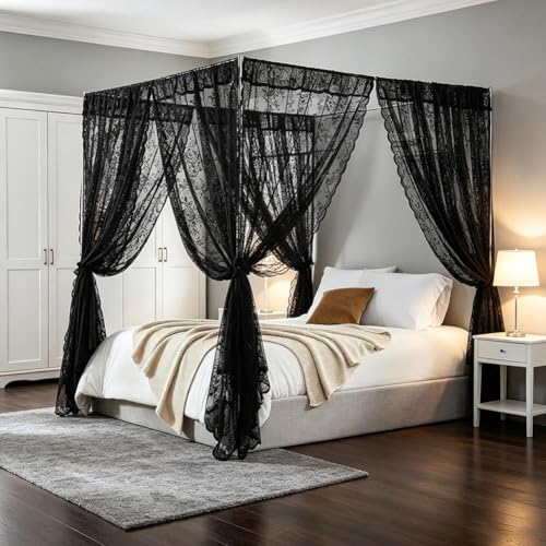 Black Lace Canopy Bed Curtains Set for Queen & King Size Bed - Romantic Mosquito Net, 8 Pieces