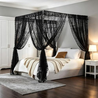 White Lace Canopy Bed Curtains Set - 8 Panels for Queen Bed 39x79, No Pole