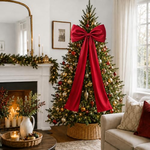 Extra Large Christmas Tree Topper Bow - Red Satin 20x47 Inches Holiday Decor