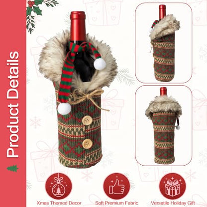 Christmas Santa Wine Bottle Cover Set - Style C, Plush Hat & Scarf, Holiday Table Decor