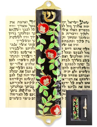 Enamel Mezuzah with Scroll for Door - Black with Pomegranates, 4 Inches
