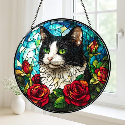 Black and White Cat Stained Glass Panel - Artistic Window Decor for Cat Lovers