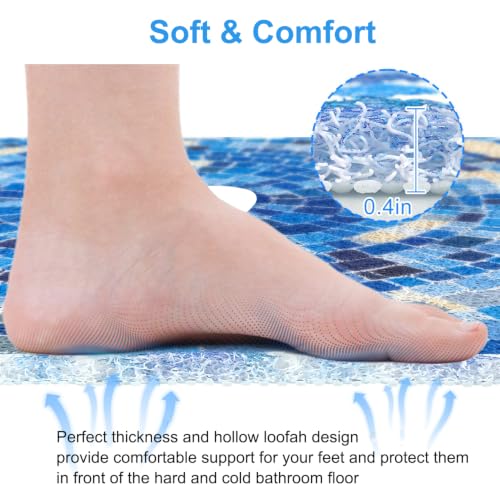 Blue Mosaic 24-Inch Round Anti Slip Shower Mat with Center Drain Hole