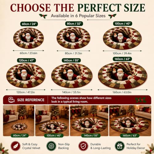 40in 3D Christmas Rug Optical Illusion Santa Gnomes Holiday Decor - J