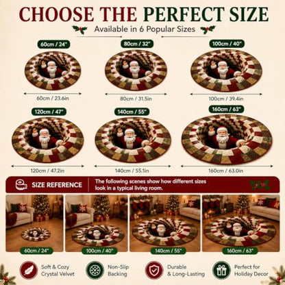 40in 3D Christmas Rug Optical Illusion Santa Gnomes Holiday Decor - J