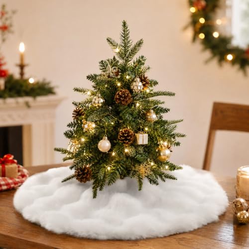 24 Inch White Christmas Tree Skirt Faux Fur Mini Snowflake Pattern - Cream White