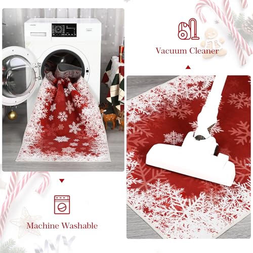 Christmas Snowflake Rug 2x3 Entryway Rug - Red Snow Pattern, Non-Slip Backing