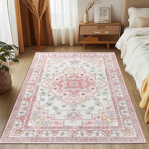 MOSISO 4x6 Area Rug for Living Room, Washable Area Rug, Non Slip Vintage National Area Rugs, Low Pile Carpet, Faux Wool Rectangular Area Rugs Carpet for Living Room Bedroom Dining Room, Home, Pink