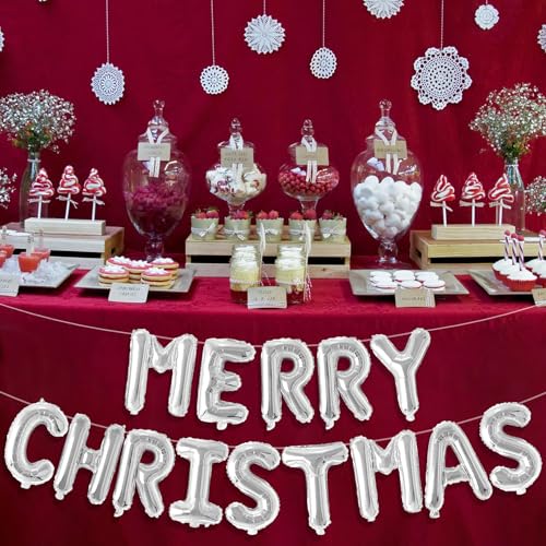 Silver Christmas Balloons Banner - 14 Letter Foil Decorations for Holiday Party