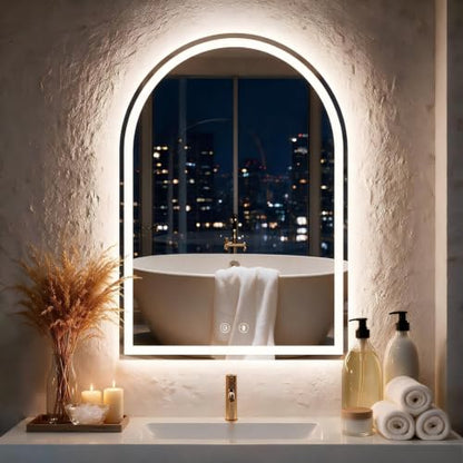 White Arched LED Bathroom Mirror with Lights - 24.1 x 32.1 Inches, Dimmable & Defogging