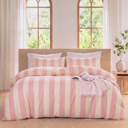 Pink Striped Comforter Set Queen - Blush Wide Stripe 100% Cotton, Cabana Style