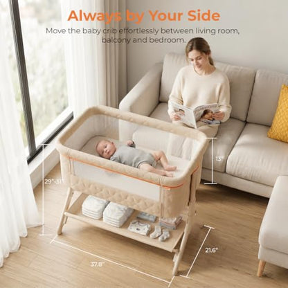 Pamo Babe Bedside Bassinet for Baby - 3-in-1 Foldable Travel Crib with Wheels, Adjustable Height, Storage Bag - Beige