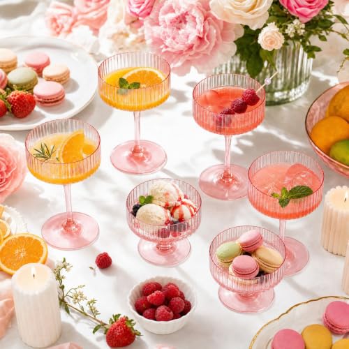 Pink Martini Glass Set 10 Oz Plastic Ribbed Coupe Glasses - Variation of Pink 24