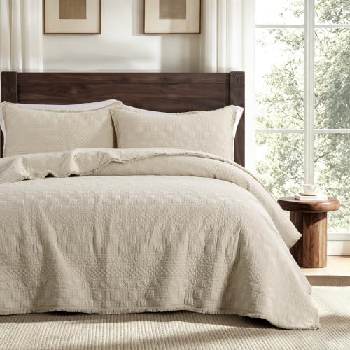 WDCOZY 100% Cotton Queen Size Quilt Set with Boho Fringe Geometric Stitch Beige - Queen (90x96)