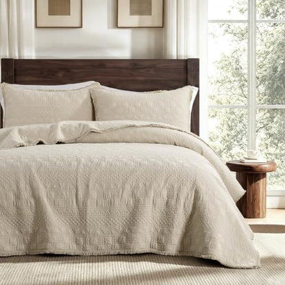 WDCOZY 100% Cotton Queen Size Quilt Set with Boho Fringe Geometric Stitch Beige - Queen (90x96)