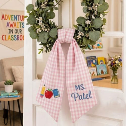 Gingham Baby Blue Personalized Teacher Door Wreath Bow with Embroidered Name