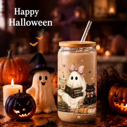 Halloween Glass Cup with Lid & Straw - Ghostbook Design, 16oz Book Lover Gift