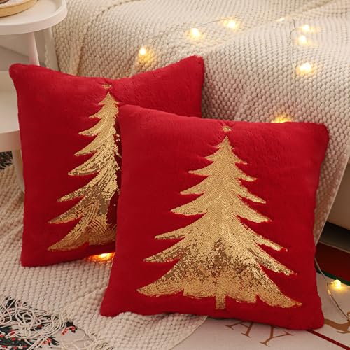 Faux Fur Christmas Pillow Covers 18x18 Set of 2 - Red Xmas Tree & Deer