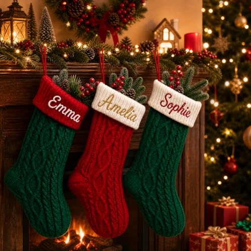 Personalized Knit Christmas Stocking with Color-Block Twist - Custom Holiday Decor