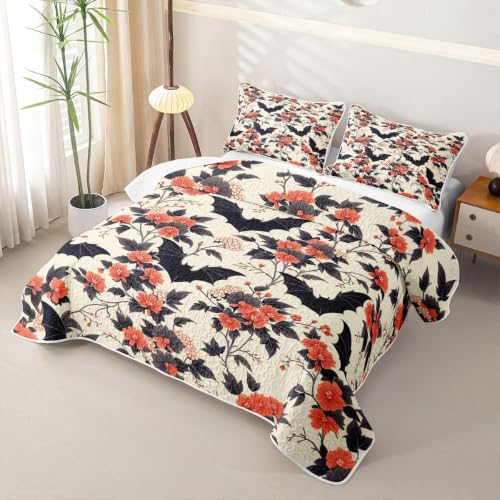 Black Red Gothic Bat Quilt Set King Size Bedspread Coverlet All Season Bedding