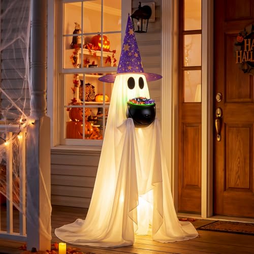 Halloween Ghost Decor with Lighted Cauldron - 53 Inch Large Trick-or-Treat Display