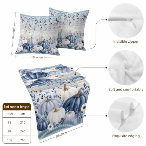 83 x 20 Inch Fall Bed Runner & Pillow Cover Set - Navy Blue Pumpkin Decor