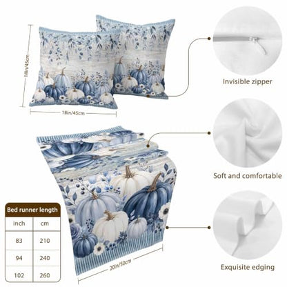 83 x 20 Inch Fall Bed Runner & Pillow Cover Set - Navy Blue Pumpkin Decor