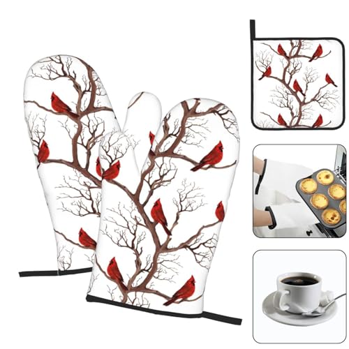 Winter Cardinal Oven Mitts and Pot Holders Set - Birds Cardinal Variation