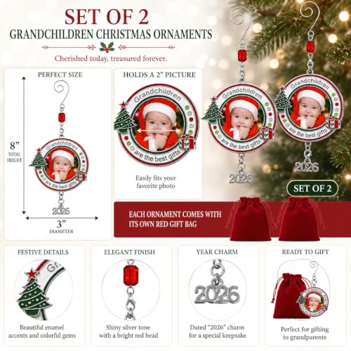 Grandchildren Photo Christmas Ornament Set of 2 with 2026 Charm - Red, White & Green Enamel with Jeweled Accents