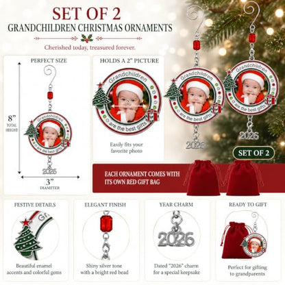 Grandchildren Photo Christmas Ornament Set of 2 with 2026 Charm - Red, White & Green Enamel with Jeweled Accents