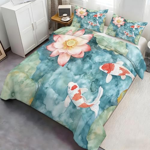 Koi Fish Duvet Cover Cal King Watercolor Lotus Bedding Set 3 Piece - Variation 54