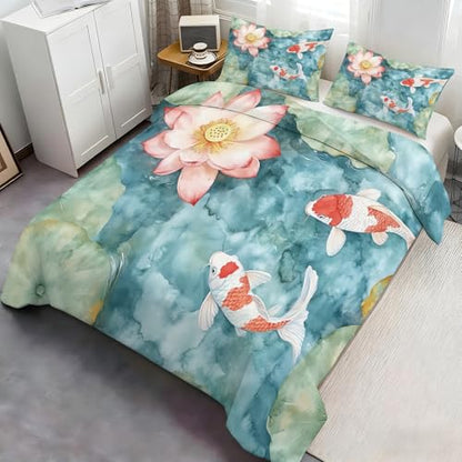 Koi Fish Duvet Cover Cal King Watercolor Lotus Bedding Set 3 Piece - Variation 54