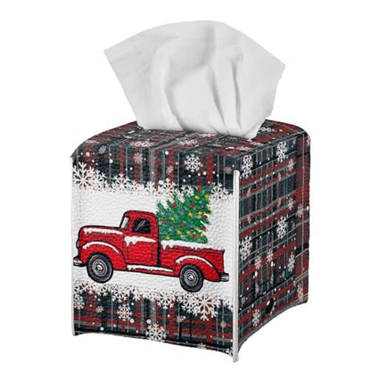 Christmas Truck Tissue Box Cover Cube - Modern Xmas Decor, Napkin Dispenser
