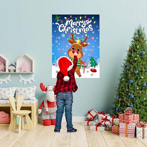 Christmas Pin The Nose On Reindeer Kids Party Game with 24 Reindeer Nose Stickers