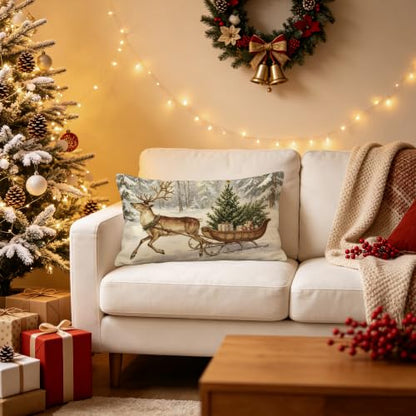 Reindeer Sleigh Christmas Throw Pillow Cover 20x12 Inches - Holiday Decor - Pack of 1