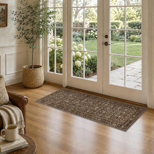 Warm Brown 2x5 Non-Slip Vintage Kitchen Rug Runner - Washable Floor Mat