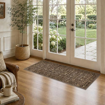 Warm Brown 2x5 Non-Slip Vintage Kitchen Rug Runner - Washable Floor Mat