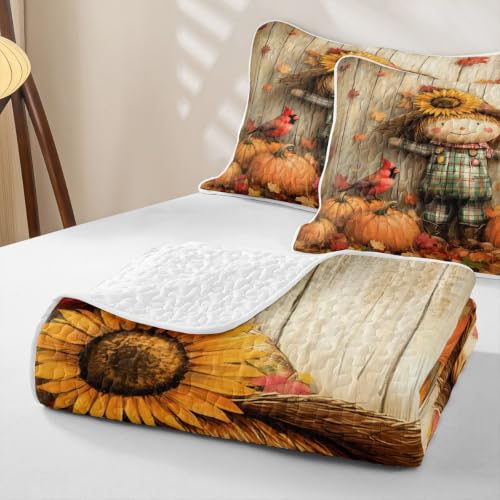 Orange Brown Autumn Scarecrow Quilted Bedspread Twin Set with Pillowcase - 2 Pieces