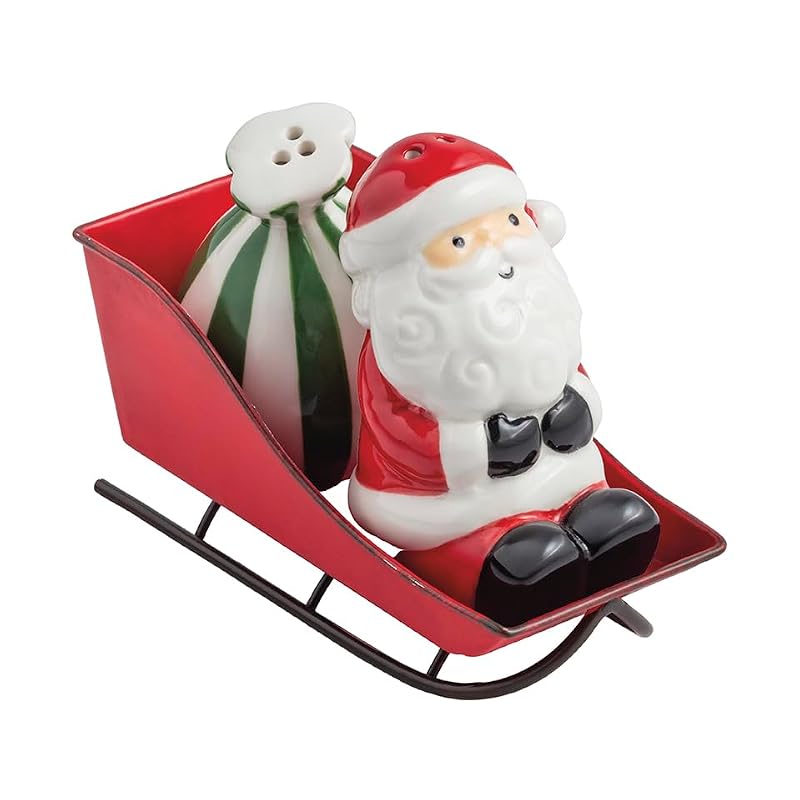 Mud Pie Santa Sleigh Salt and Pepper Set - Hand-Painted Stoneware