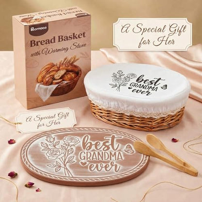 Grandma Bread Warmer Basket with Warming Stone Kitchen Gift