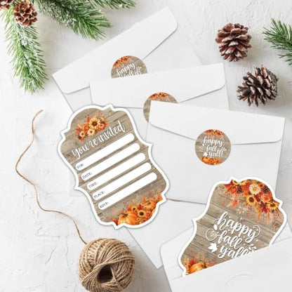 Fall Party Invitations Set with Envelopes and Stickers - Rustic Harvest Themed, 15 Pack