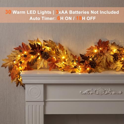 6FT Fall Garland with 30 Warm Lights, Timer, Gradient Maple Leaves - Vintage Autumn