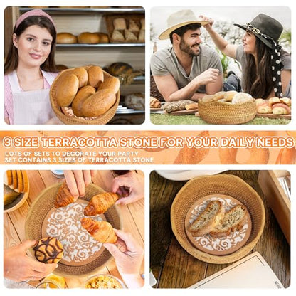 Rattan Bread Warmer Set with Terracotta Stones - Rustic Kitchen Decor & Gift