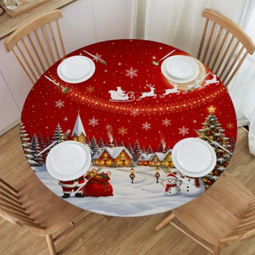 A03 Christmas Round Fitted Tablecloth 42 Inch Xmas Decor Elastic Waterproof
