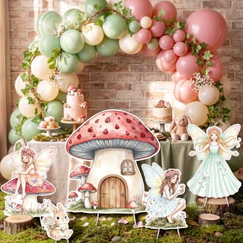 Fairy Birthday Party Decorations Set - 5 Cardboard Cutouts for Girls, Mushroom House & Fairies